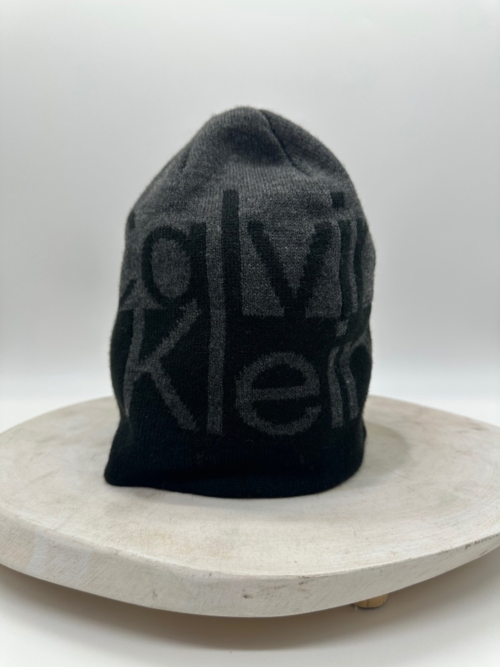 Calvin Klein Beanie Hat Black Gray Knit Block Logo Unisex